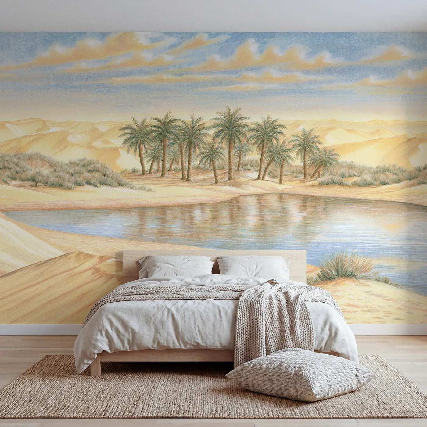 Colored-pencil wall mural of a quiet desert oasis by Whimsy Tots
