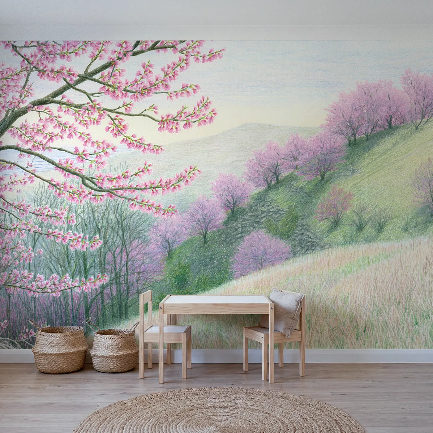 Colored-pencil wall mural of a cherry blossom hillside by Whimsy Tots