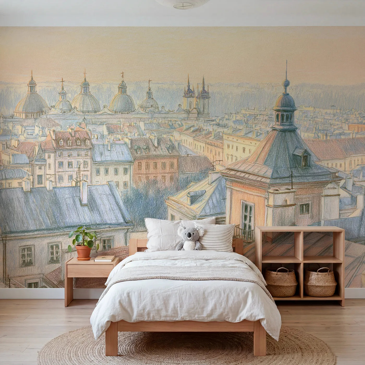 Colored-pencil wall mural of a hazy European skyline by Whimsy Tots