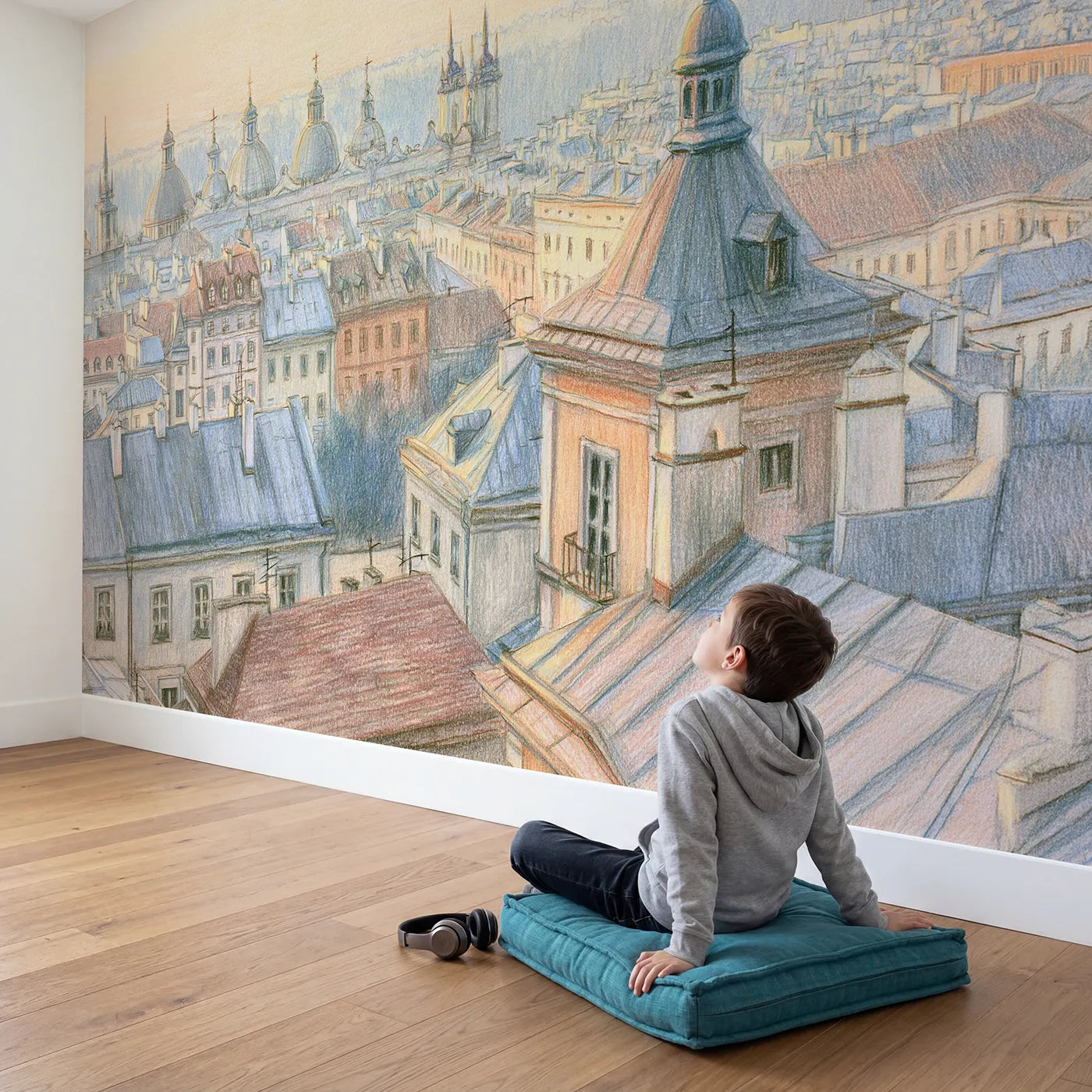 Child in nursery with Soft European Skyline Wallpaper Mural by Whimsy Tots