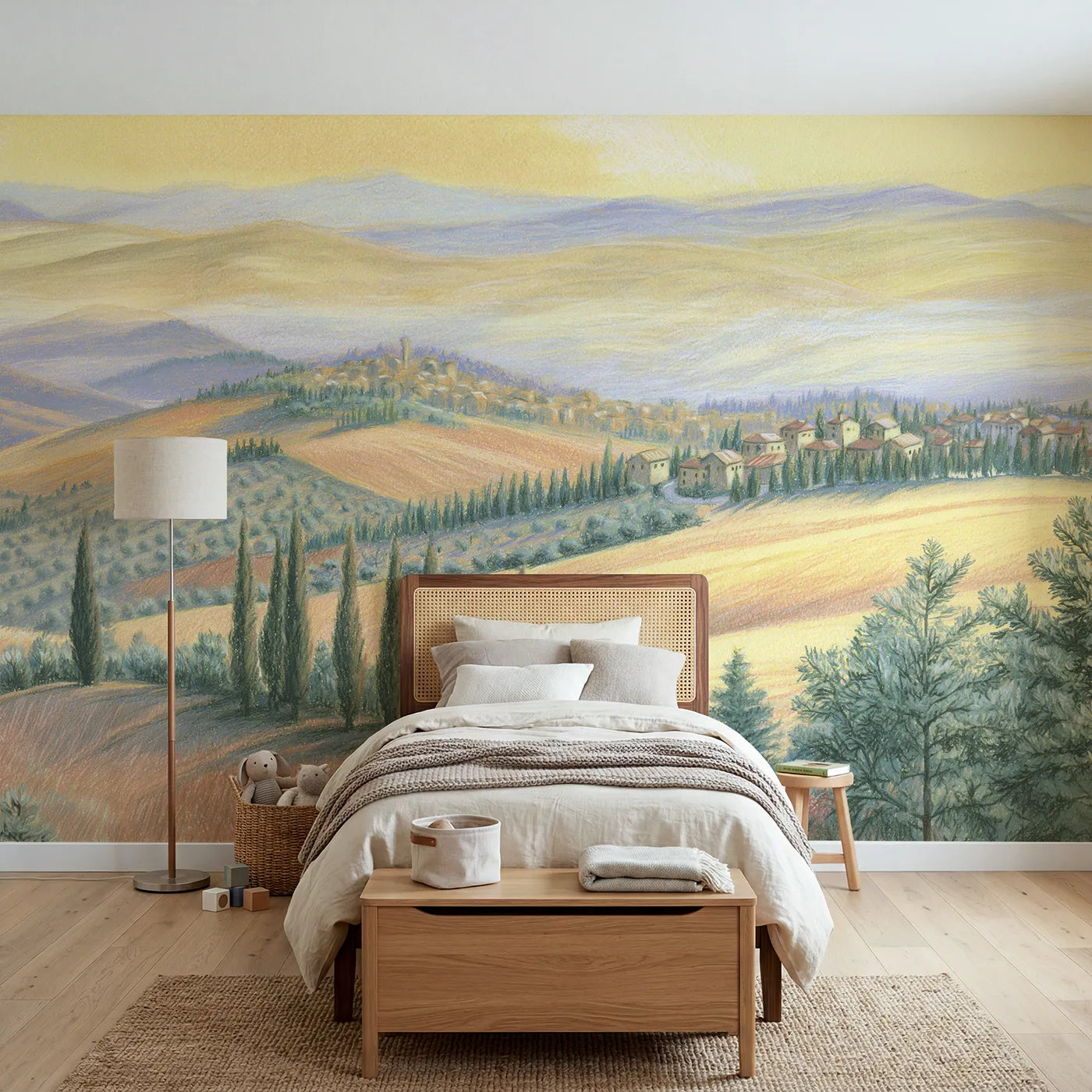Colored-pencil wall mural of a Tuscan hill town by Whimsy Tots