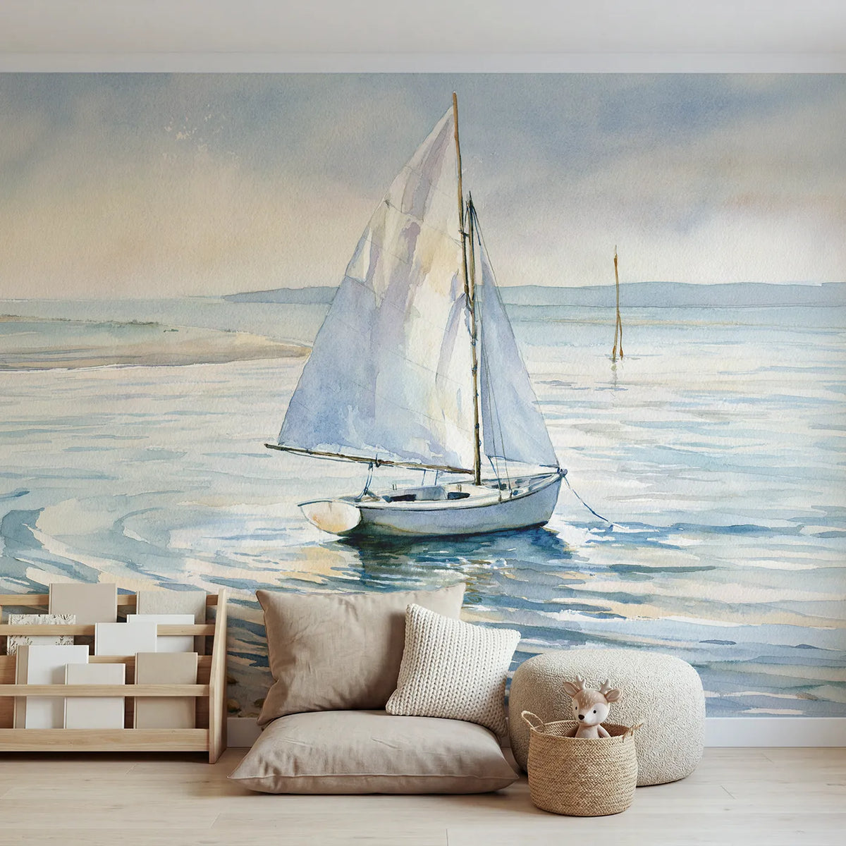 Watercolor wall mural of a little sailboat study by Whimsy Tots