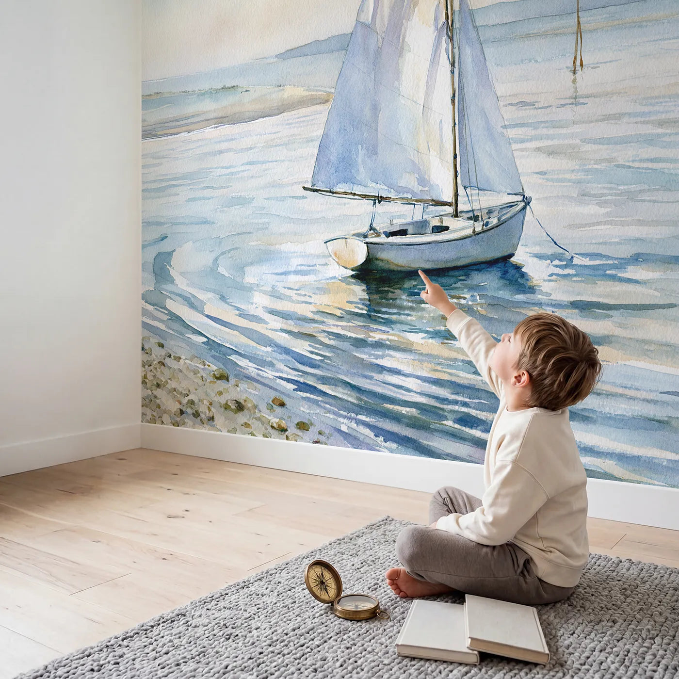 Child in nursery with Little Sailboat Study Wallpaper Mural by Whimsy Tots