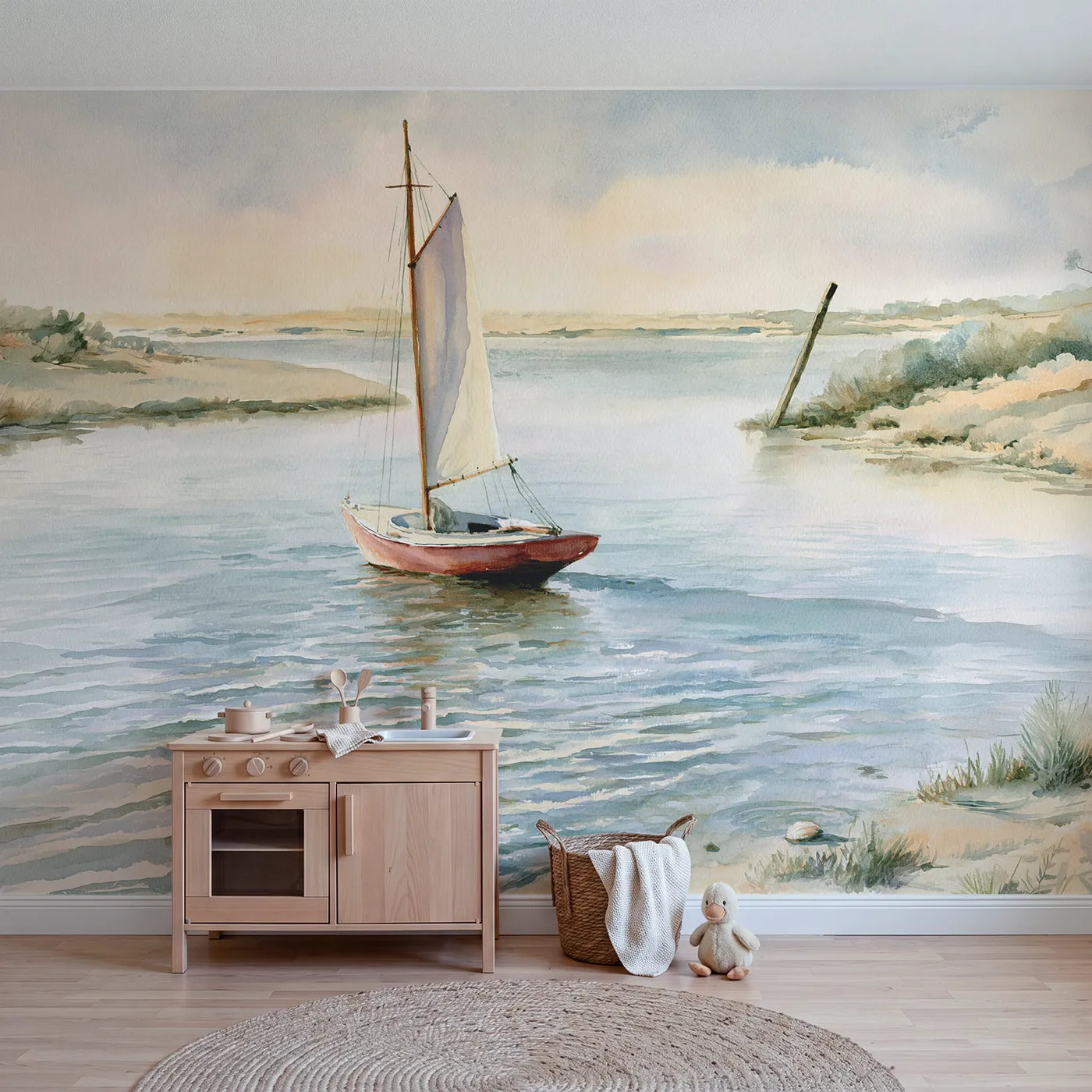 Watercolor wall mural of a red sailboat on shallows by Whimsy Tots