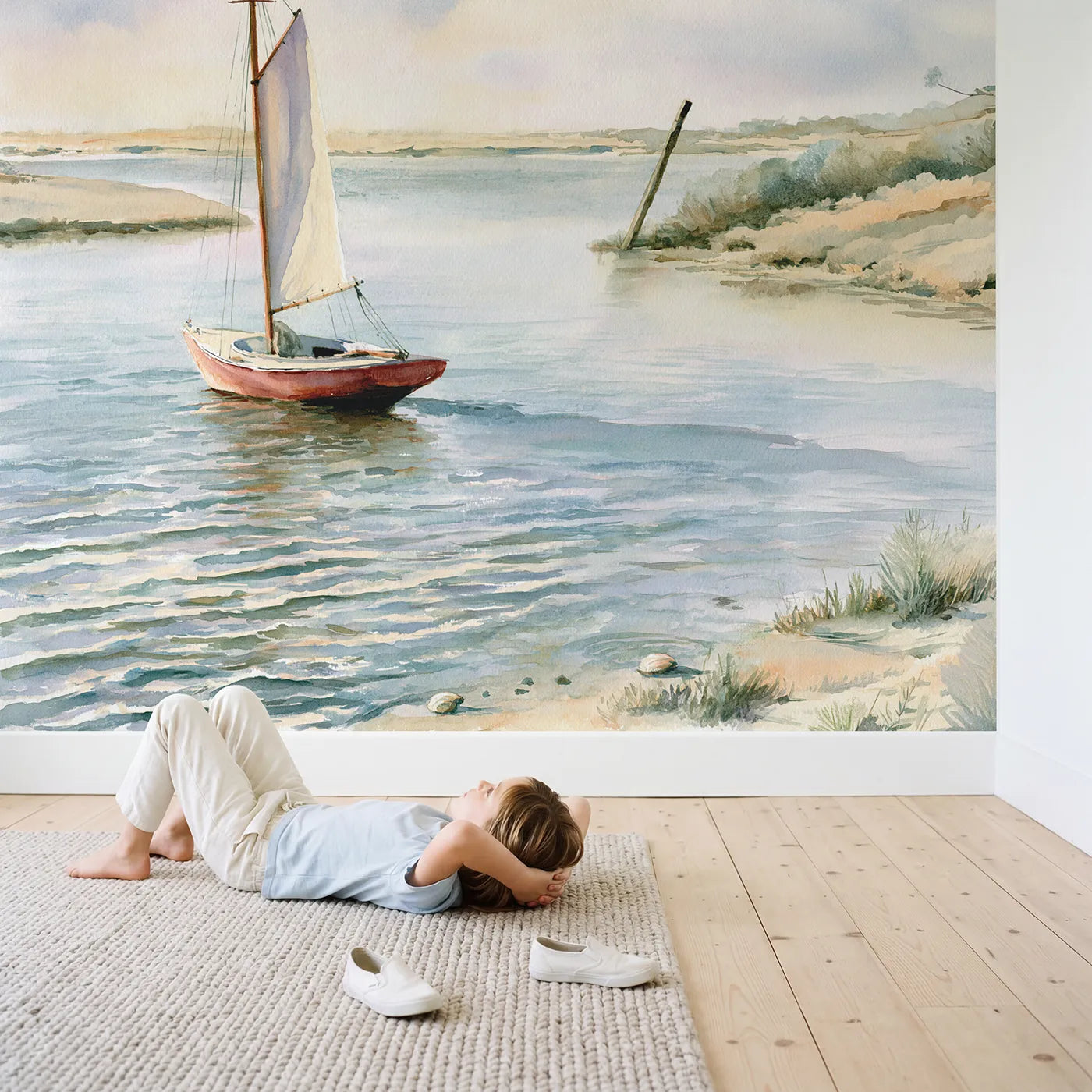 Child in nursery with Red Sailboat Calm Wallpaper Mural by Whimsy Tots