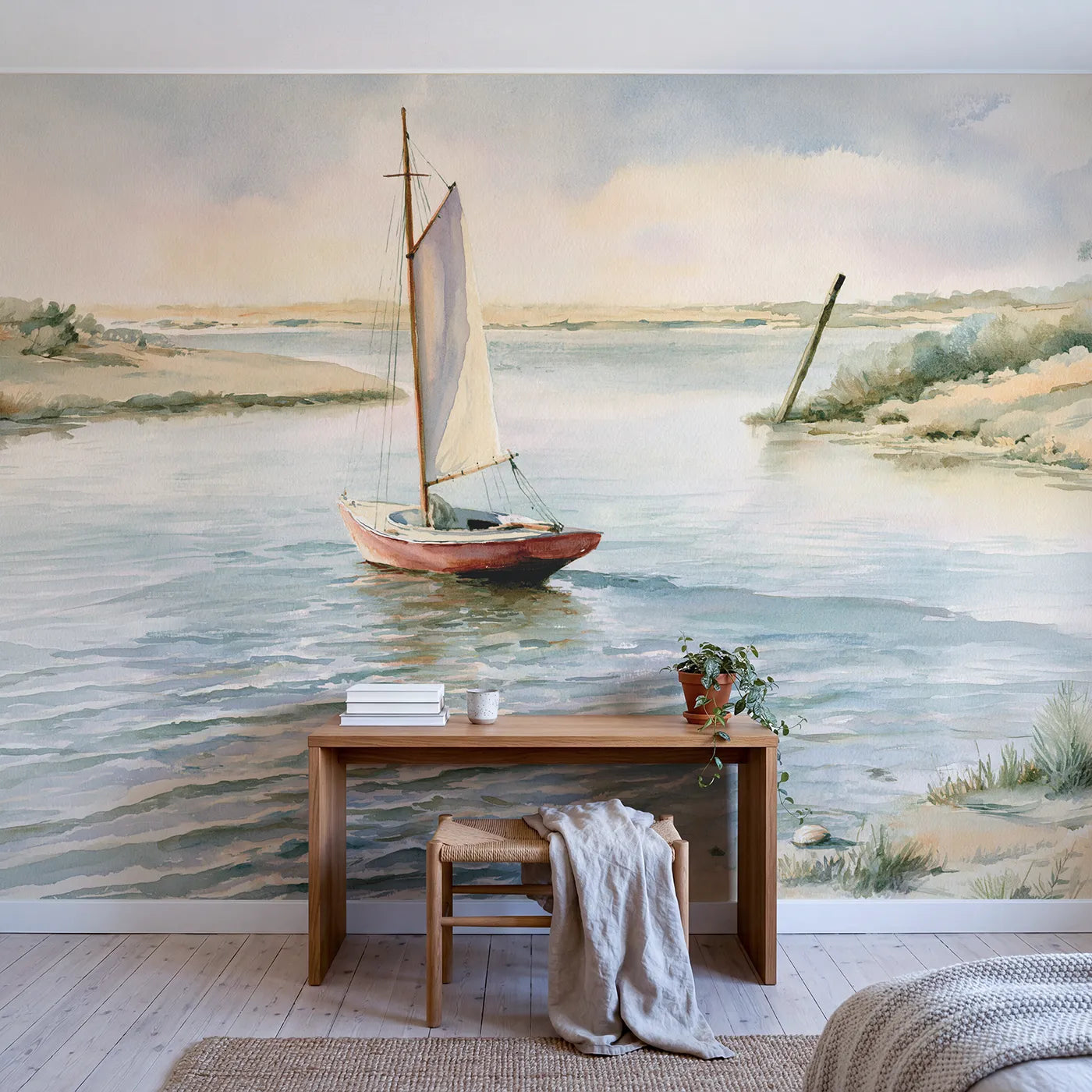 Red Sailboat Calm Wallpaper Mural in playroom setting by Whimsy Tots