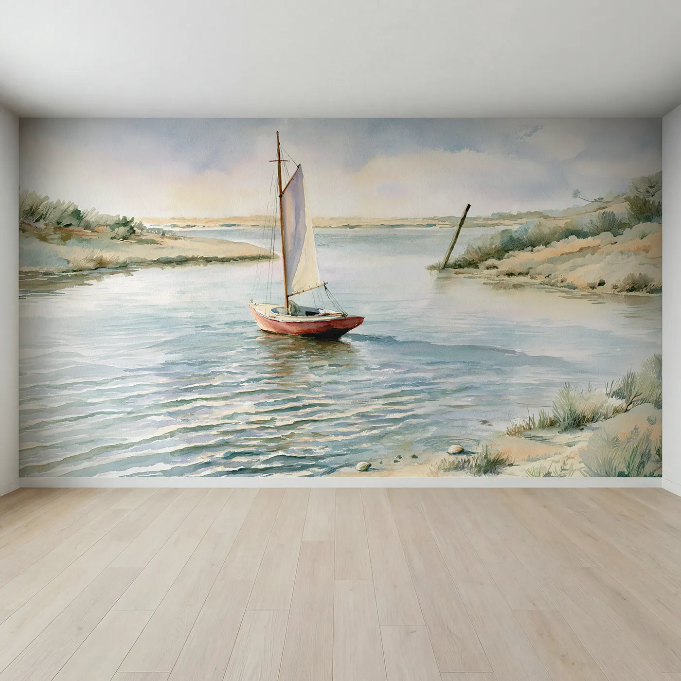 Full view of Red Sailboat Calm Wallpaper Mural by Whimsy Tots