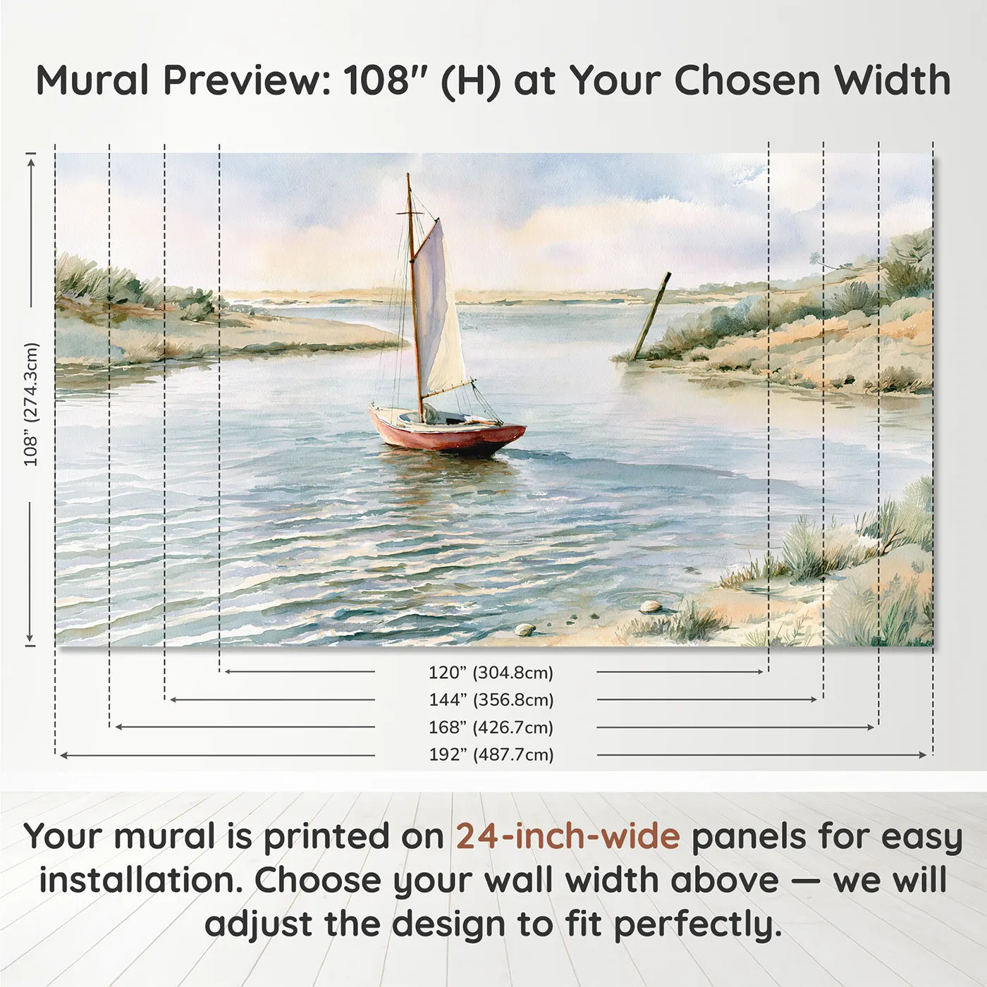 Panel layout and dimensions for Red Sailboat Calm Wallpaper Mural by Whimsy Tots