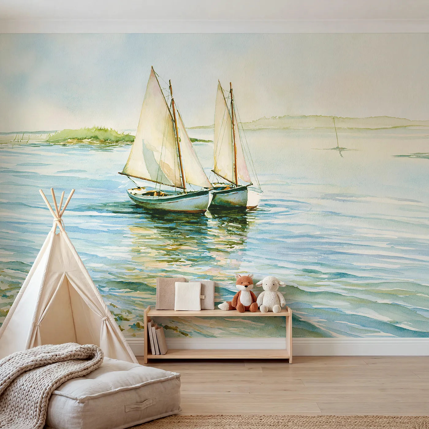 Watercolor wall mural of two sailboats on a bay by Whimsy Tots