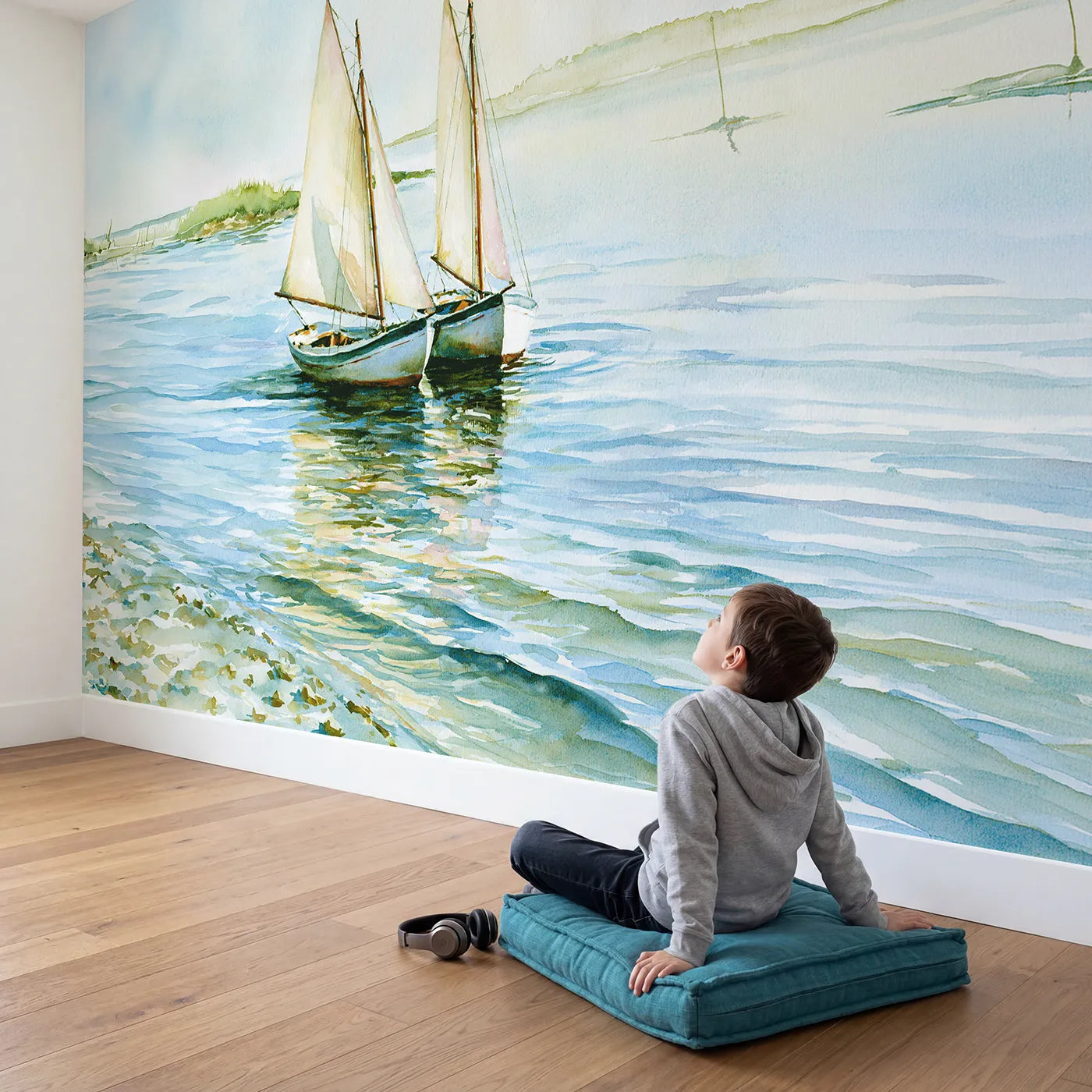 Child in nursery with Two Sailboats Bay Wallpaper Mural by Whimsy Tots