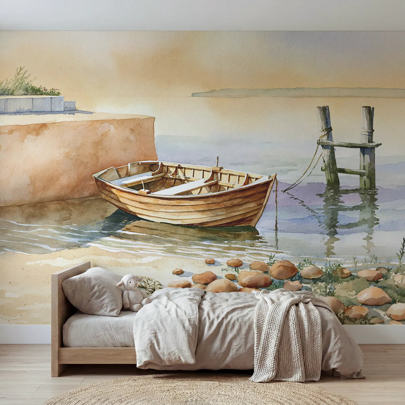 Watercolor wall mural of a wooden rowboat moored by Whimsy Tots