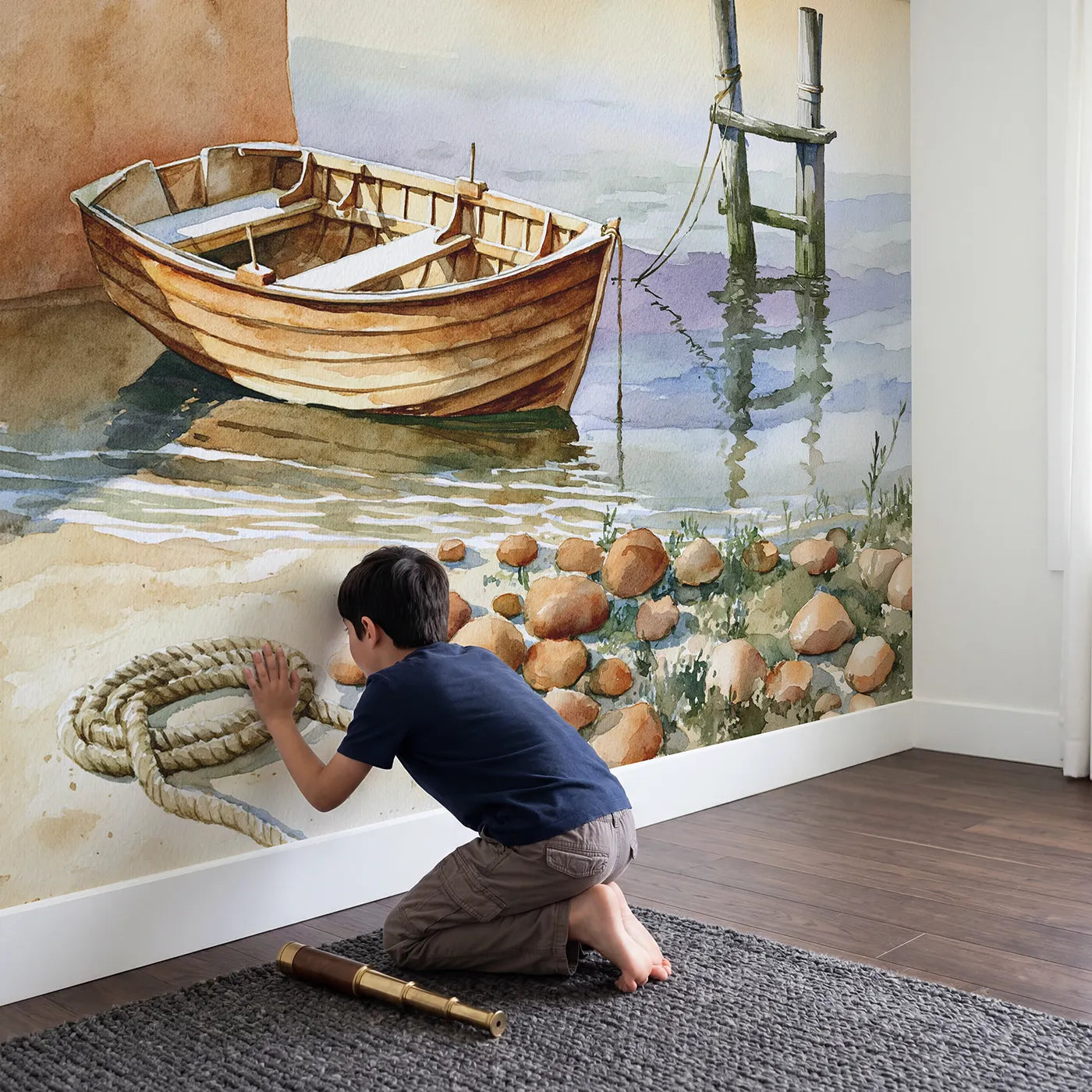 Child in nursery with Wooden Rowboat Study Wallpaper Mural by Whimsy Tots