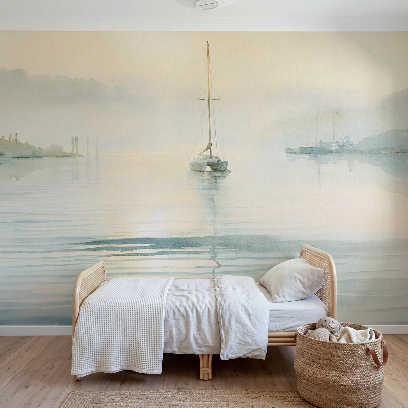 Watercolor wall mural of a misty harbor morning by Whimsy Tots