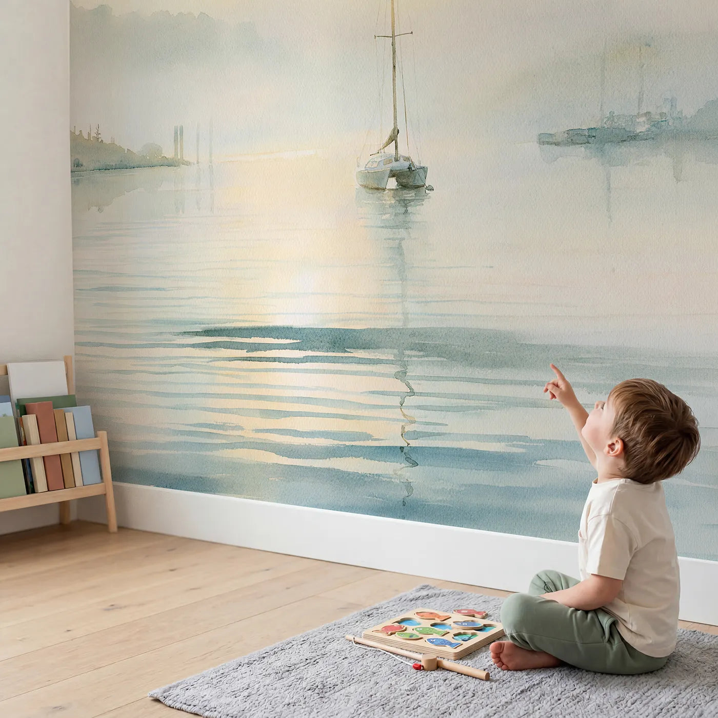 Child in nursery with Misty Harbor Morning Wallpaper Mural by Whimsy Tots