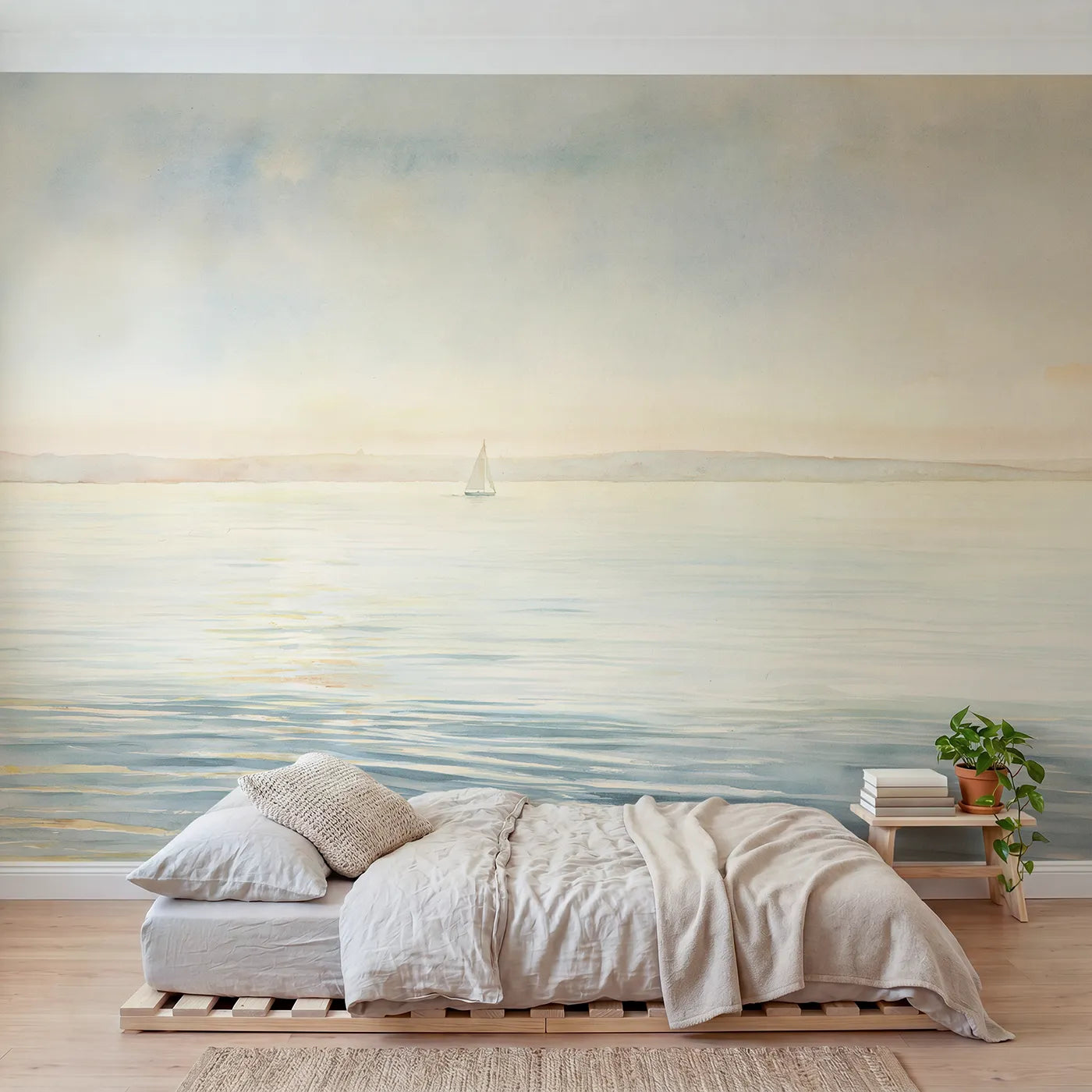 Watercolor wall mural of a soft sea horizon by Whimsy Tots