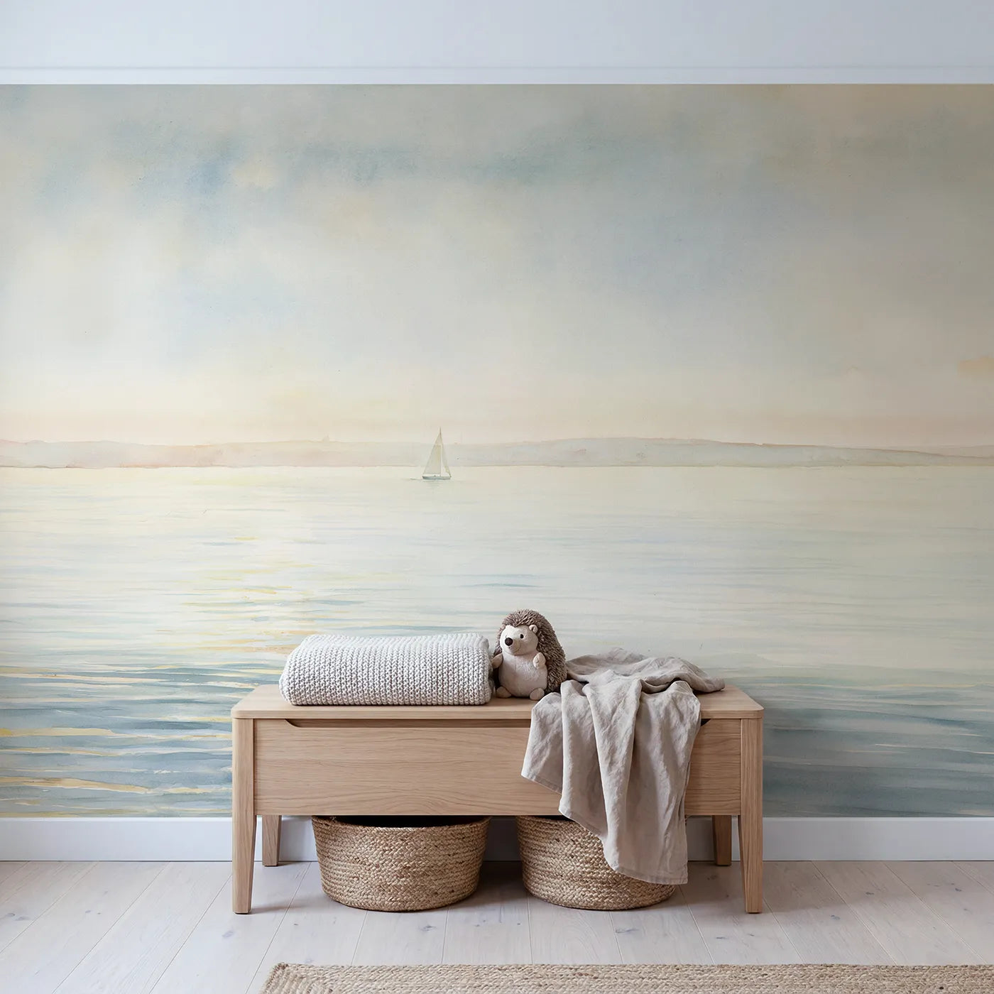 Soft Sea Horizon Wallpaper Mural in playroom setting by Whimsy Tots