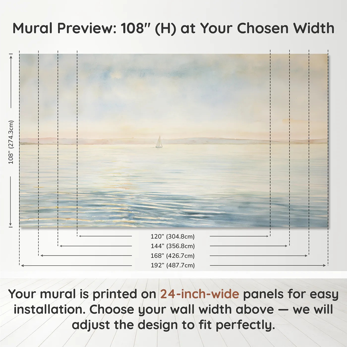 Panel layout and dimensions for Soft Sea Horizon Wallpaper Mural by Whimsy Tots