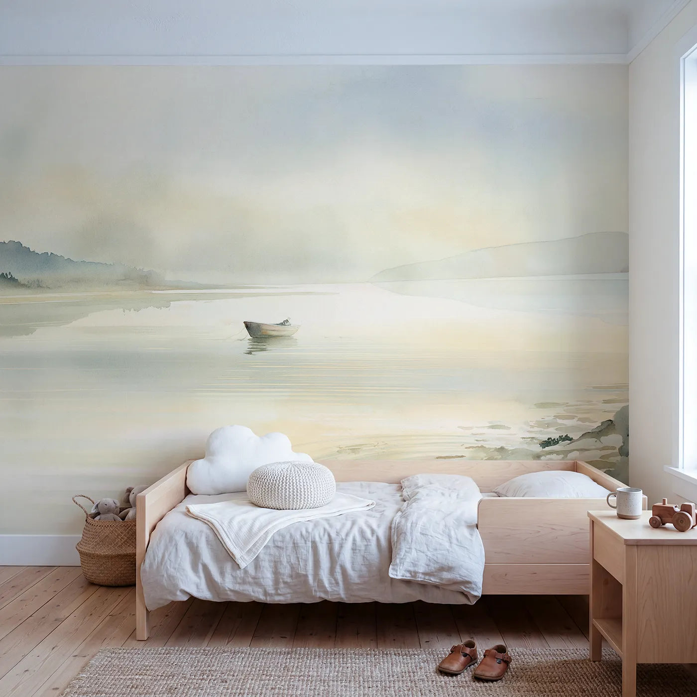 Watercolor wall mural of a hazy coastal bay by Whimsy Tots