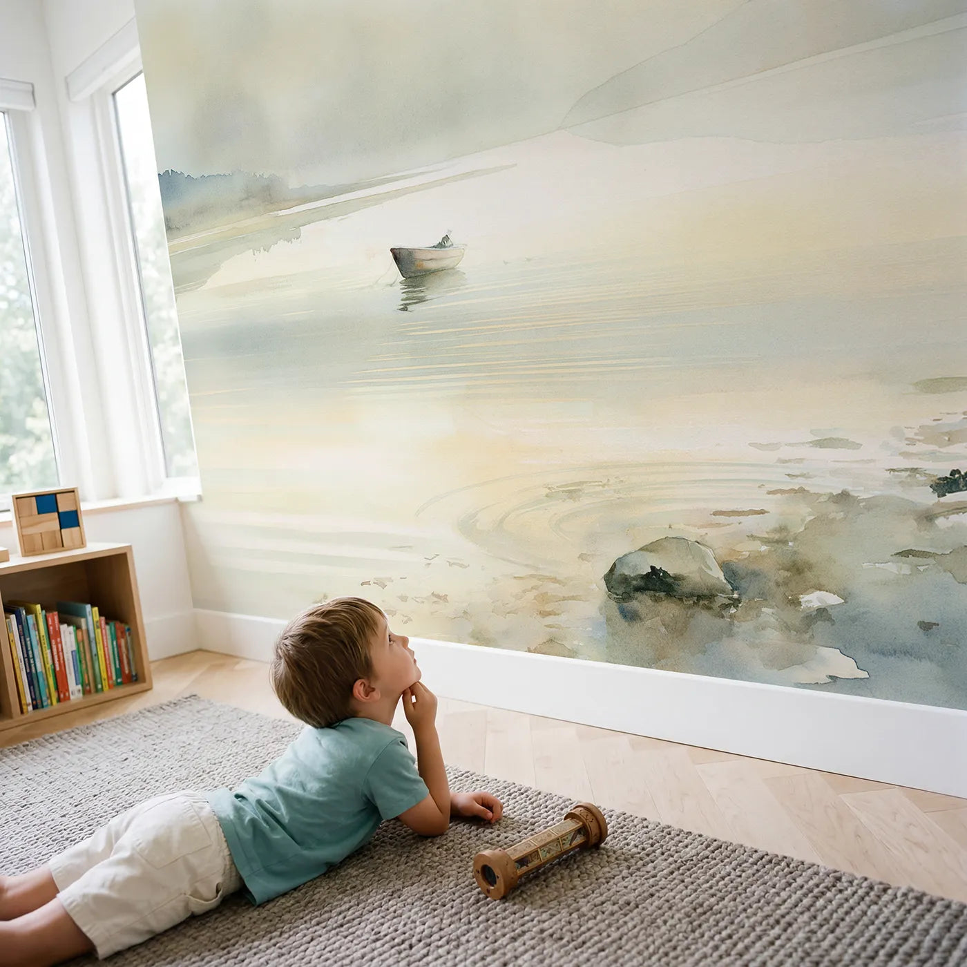 Child in nursery with Hazy Coastal Bay Wallpaper Mural by Whimsy Tots
