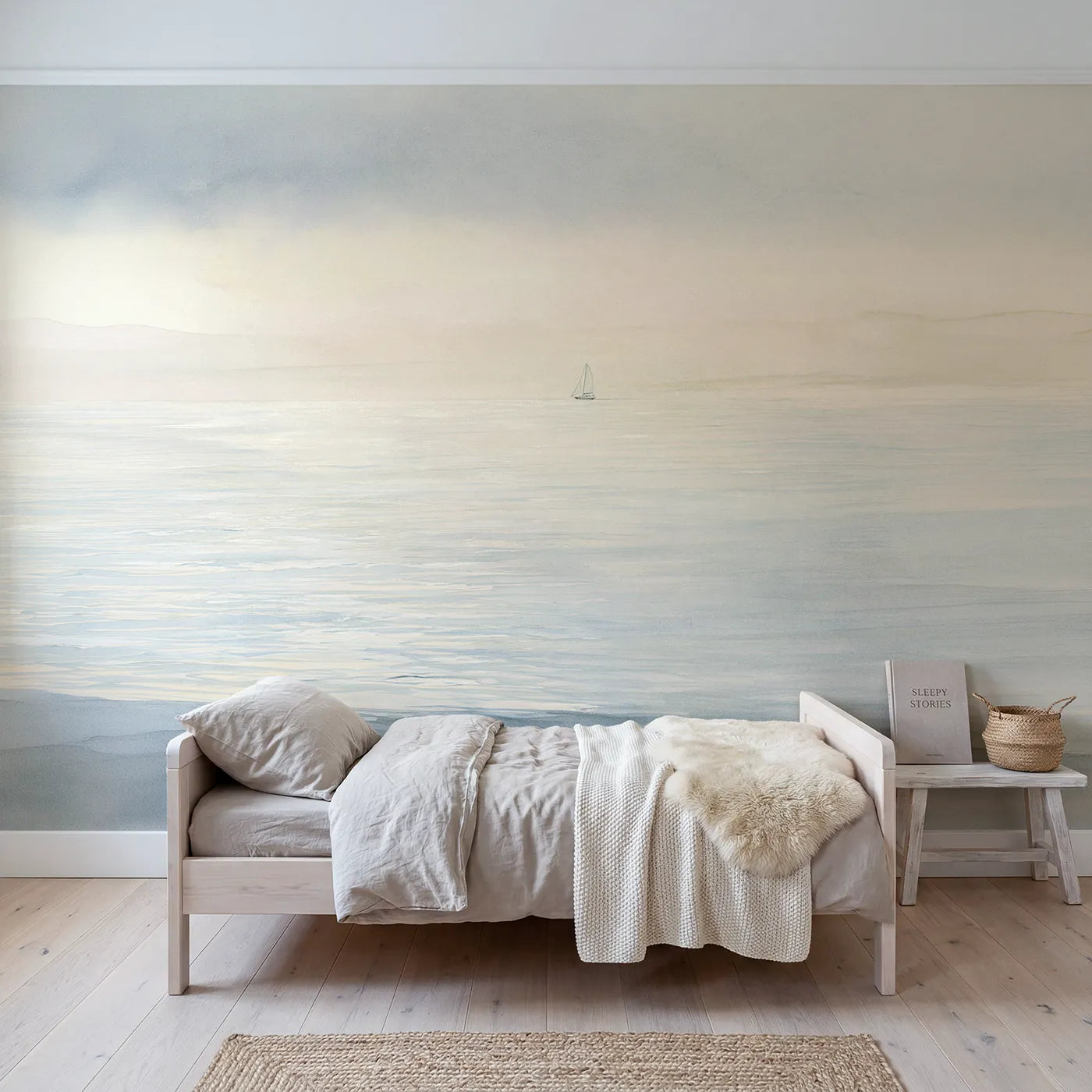 Watercolor wall mural of wide calm open water by Whimsy Tots