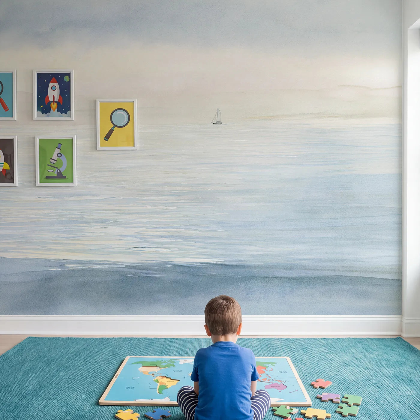 Child in nursery with Calm Open Water Wallpaper Mural by Whimsy Tots