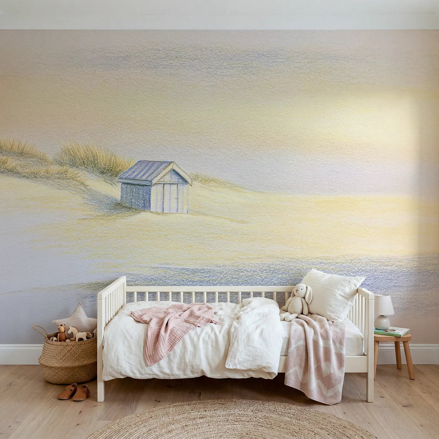 Watercolor wall mural of a cozy beach hut by Whimsy Tots