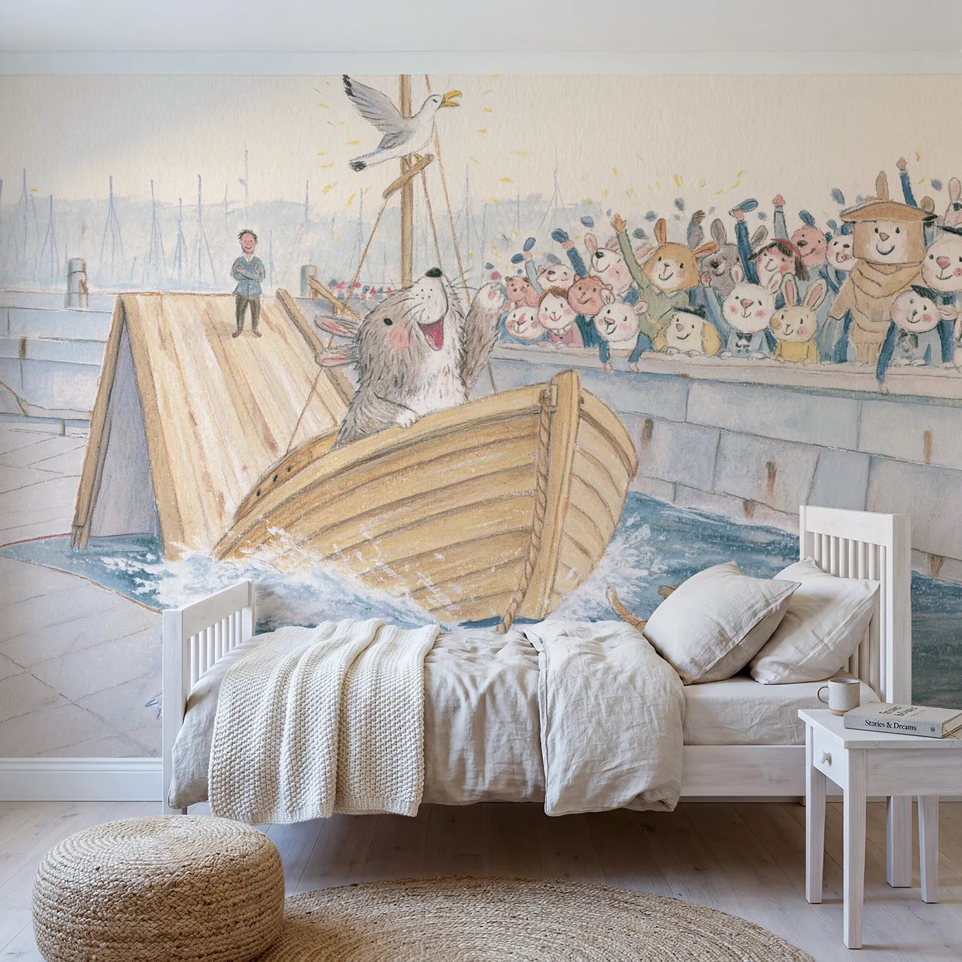Colored Pencil new boat sliding down a harbour slipway, mural for a playroom by Whimsy Tots