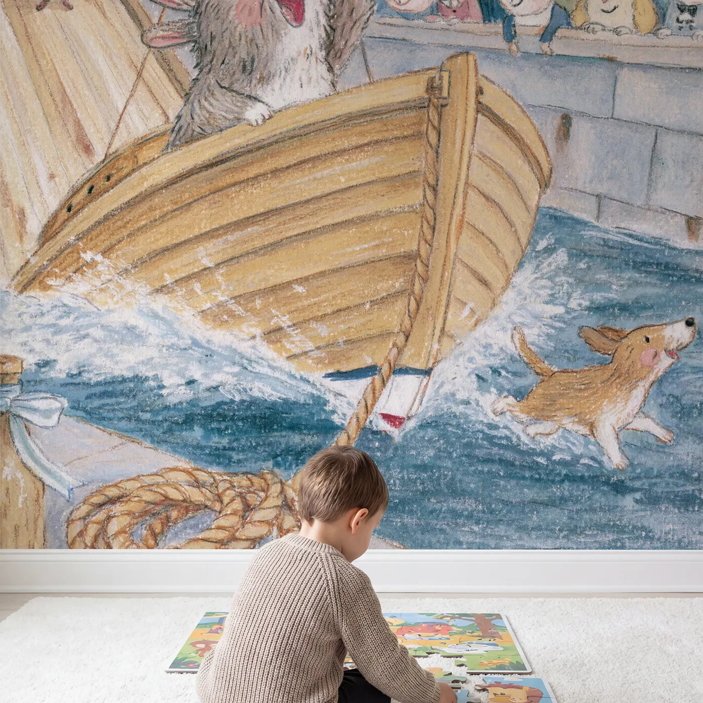 Child in nursery with Launch Day at the Slipway Wallpaper Mural by Whimsy Tots