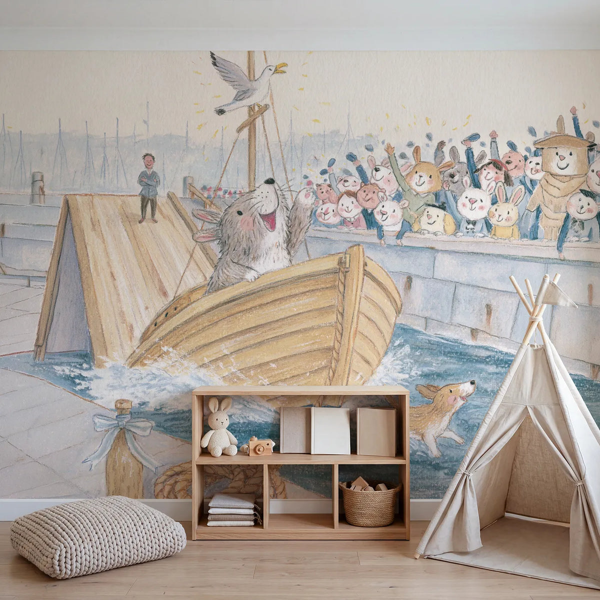Launch Day at the Slipway Wallpaper Mural in playroom setting by Whimsy Tots