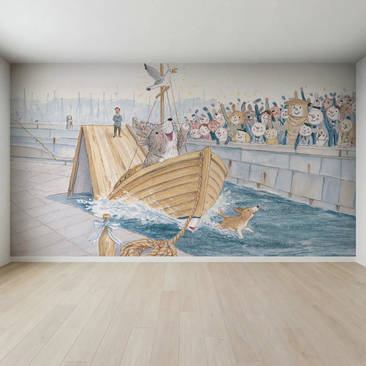 Full view of Launch Day at the Slipway Wallpaper Mural by Whimsy Tots