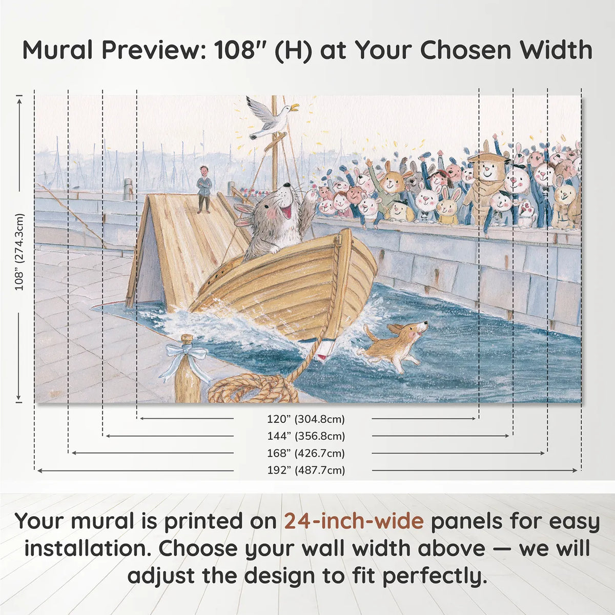 Panel layout and dimensions for Launch Day at the Slipway Wallpaper Mural by Whimsy Tots