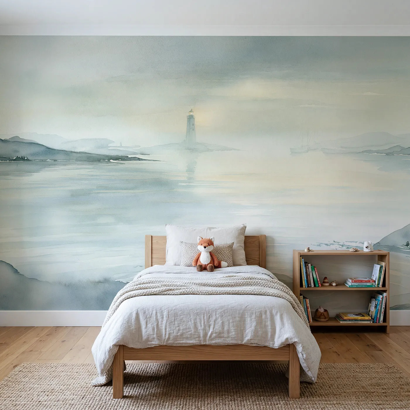 Watercolor wall mural of a misty coast lighthouse by Whimsy Tots