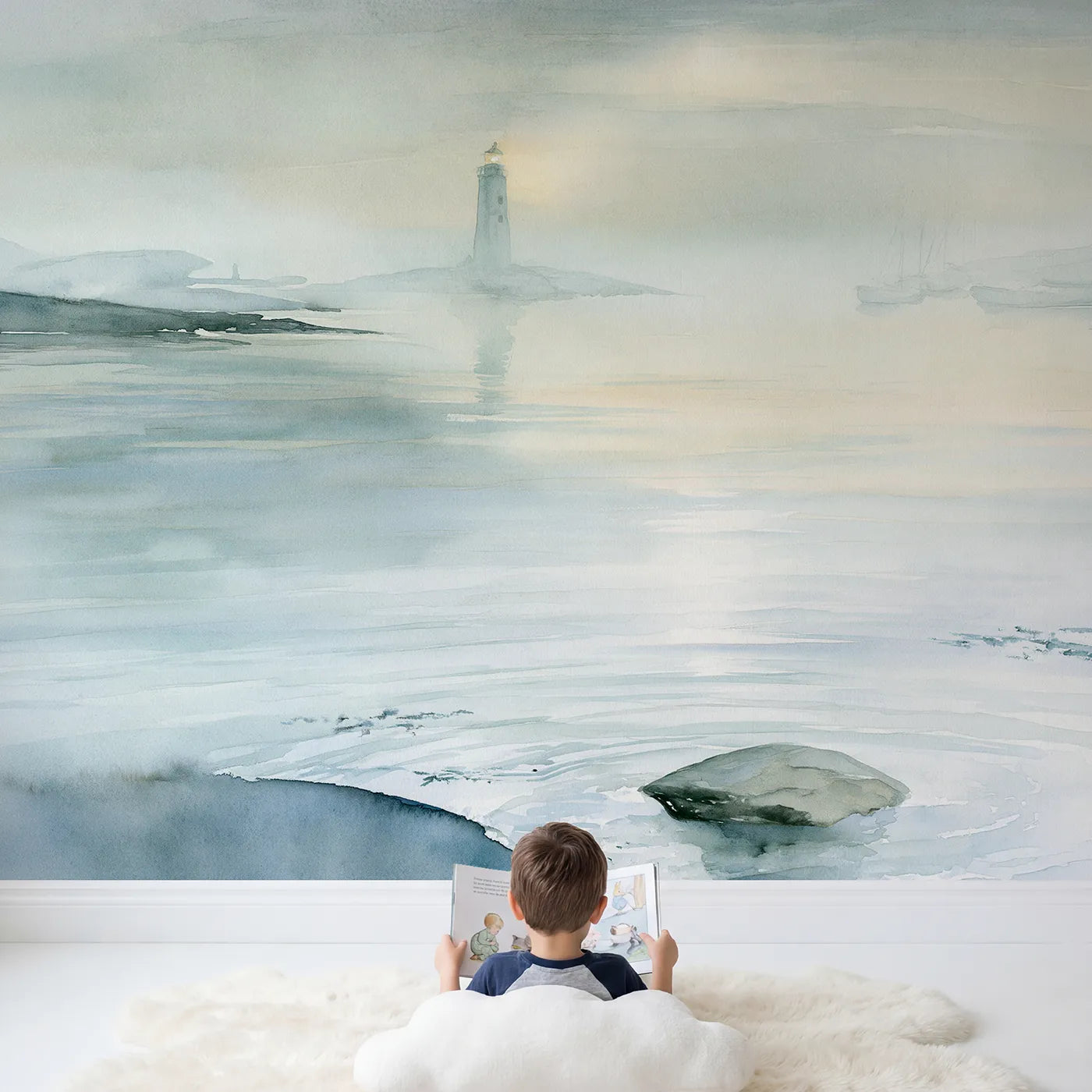 Child in nursery with Misty Lighthouse Coast Wallpaper Mural by Whimsy Tots