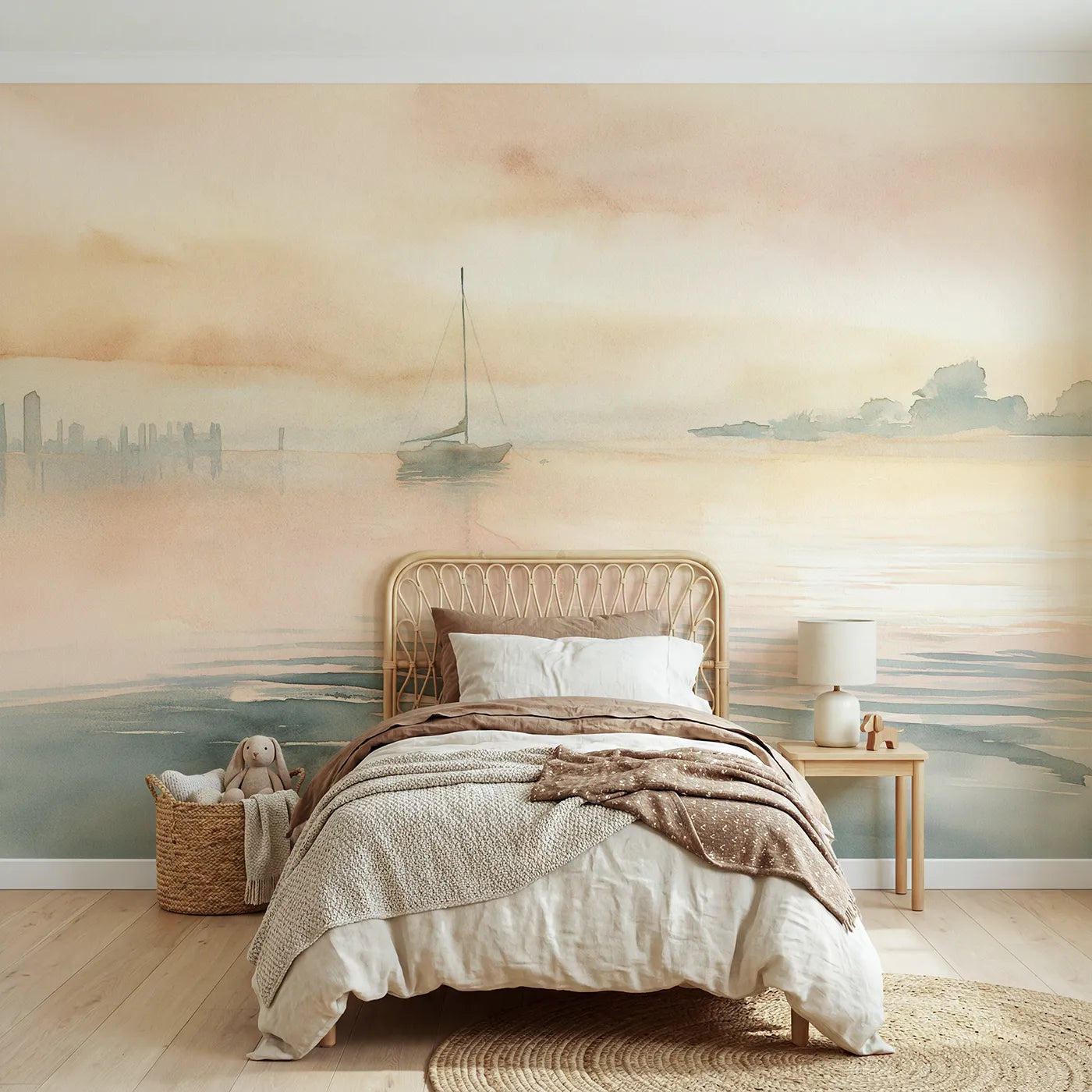 Watercolor wall mural of a soft harbor dawn by Whimsy Tots