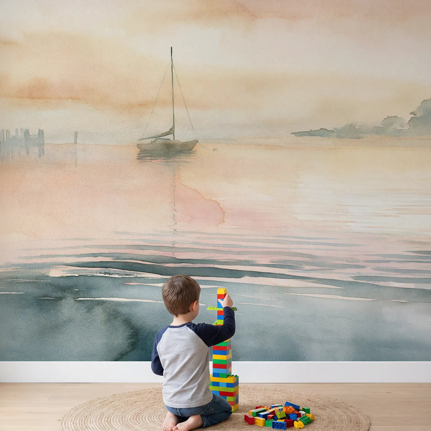 Child in nursery with Soft Harbor Dawn Wallpaper Mural by Whimsy Tots