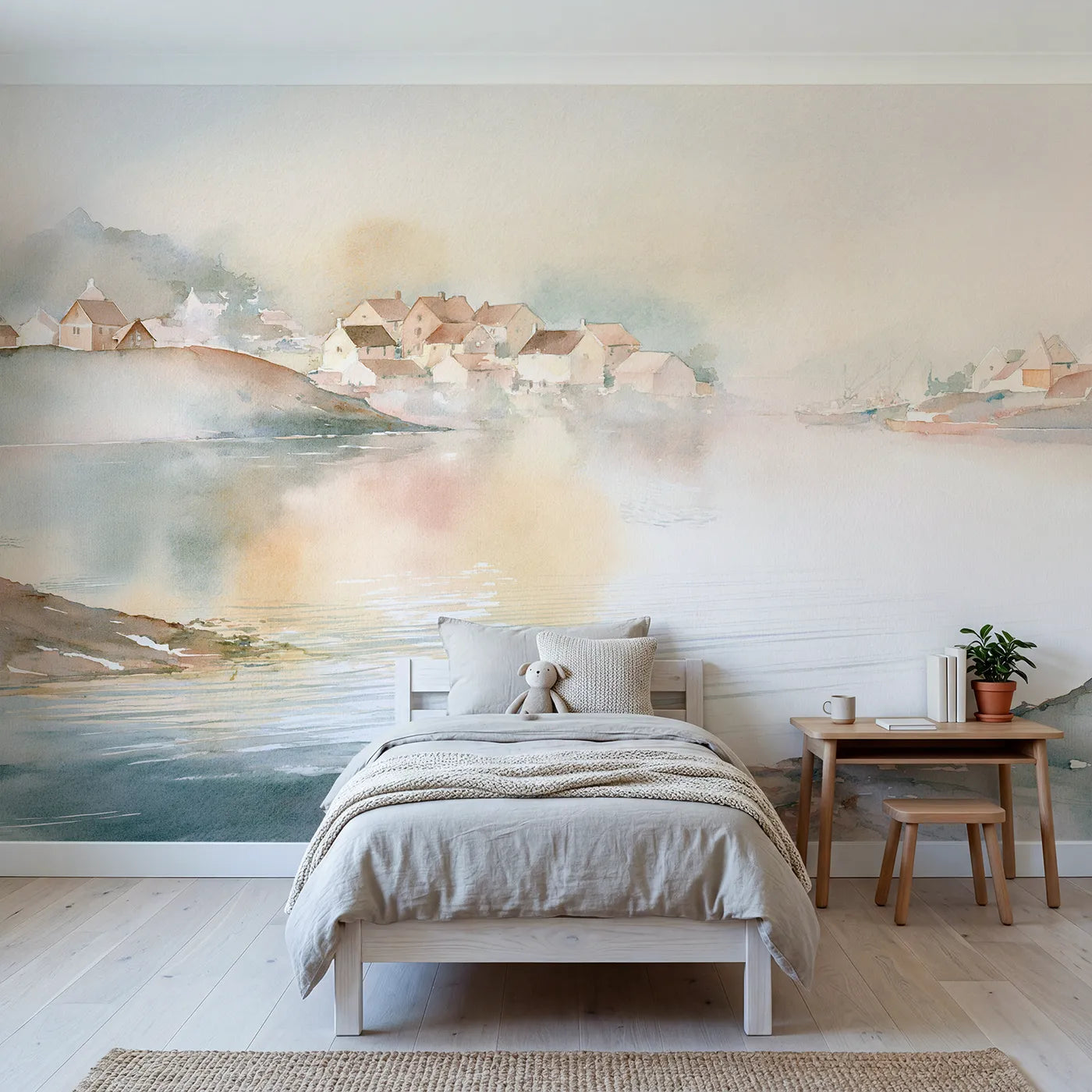 Watercolor wall mural of a hazy coastal village by Whimsy Tots