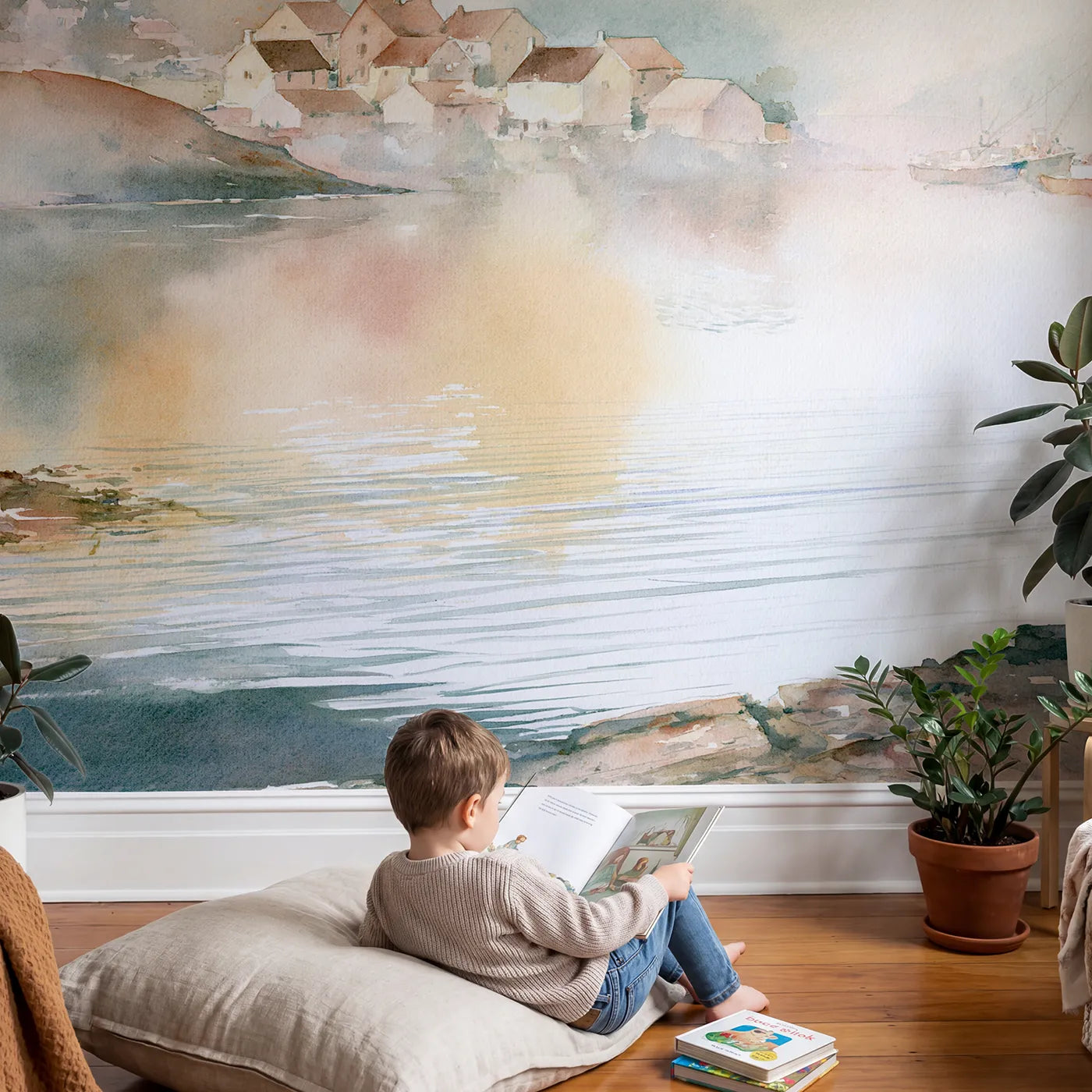 Child in nursery with Hazy Coastal Village Wallpaper Mural by Whimsy Tots