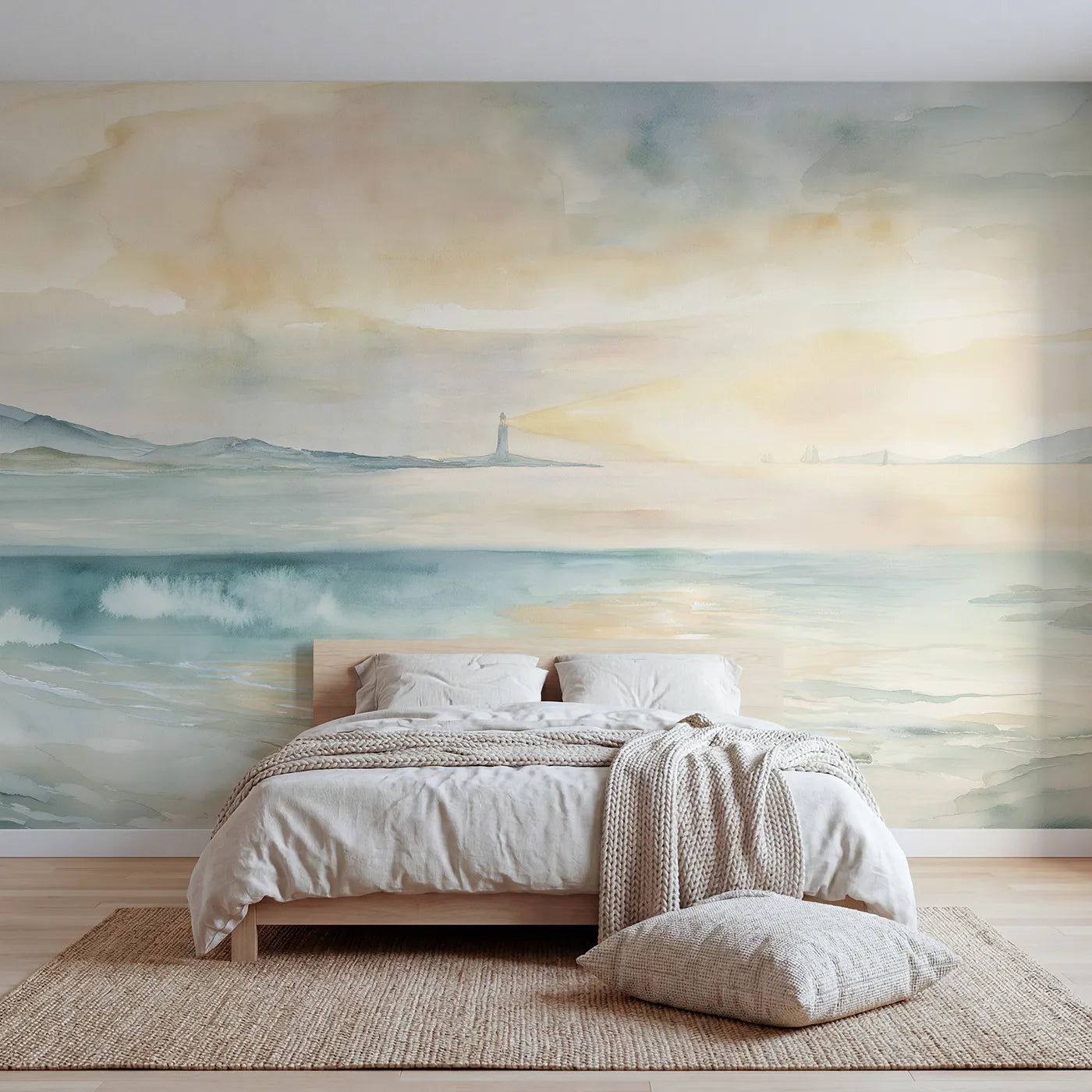 Watercolor wall mural of a sunset lighthouse glow by Whimsy Tots