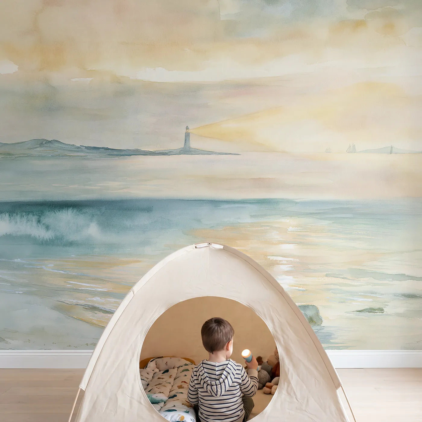 Child in nursery with Lighthouse Sunset Glow Wallpaper Mural by Whimsy Tots