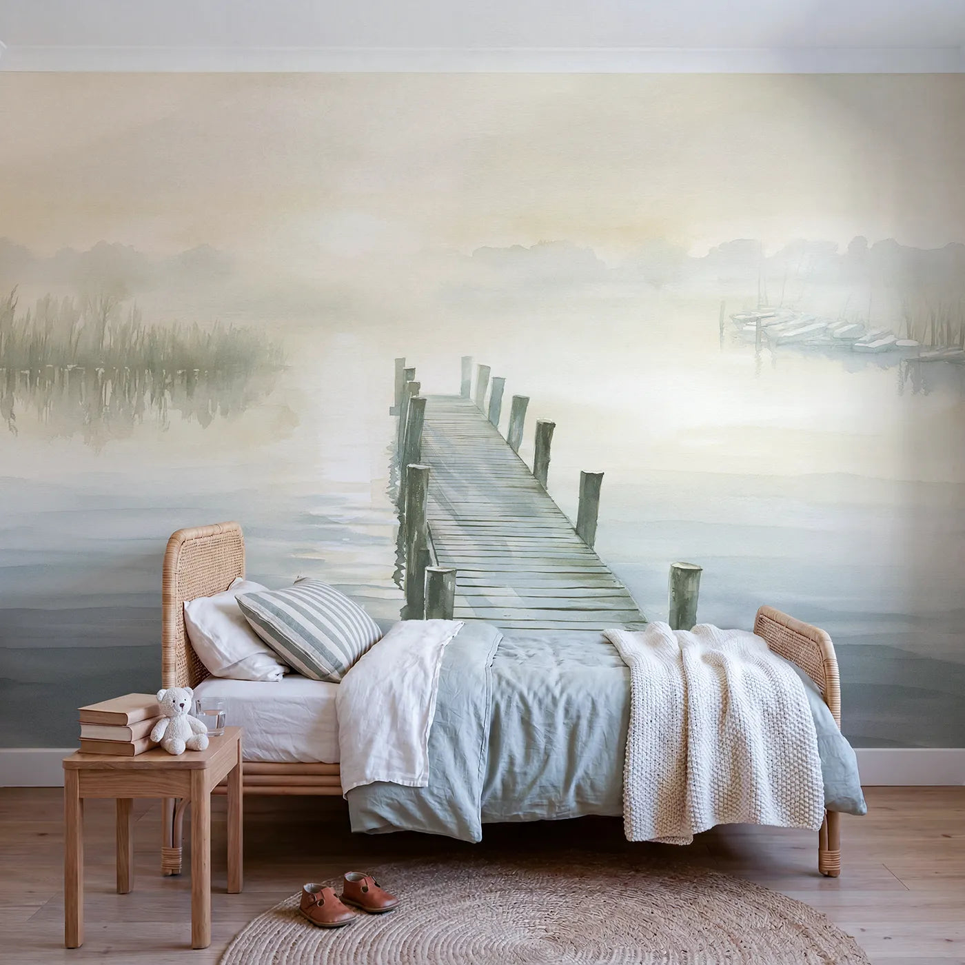 Watercolor wall mural of a quiet misty pier by Whimsy Tots