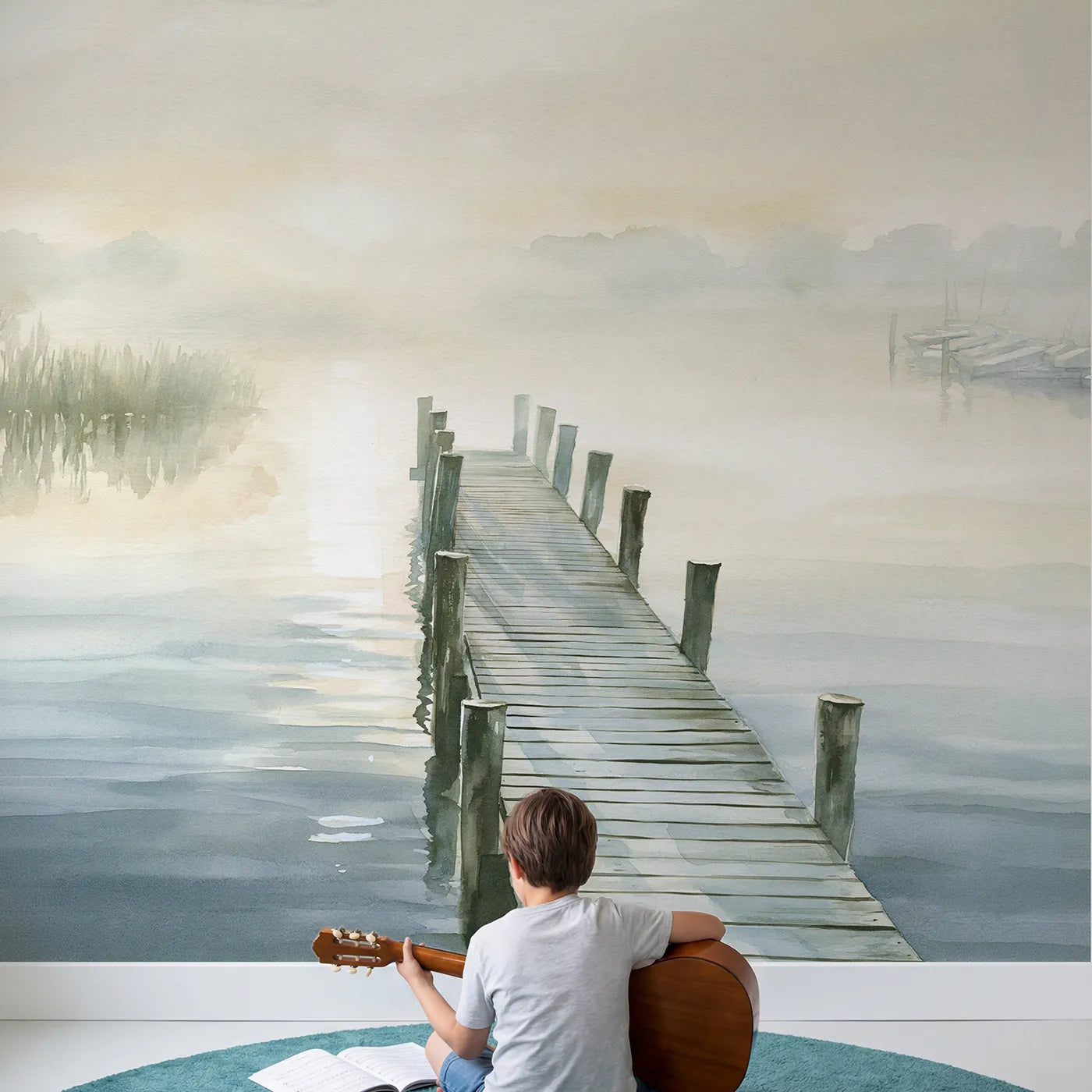 Child in nursery with Quiet Pier Mist Wallpaper Mural by Whimsy Tots