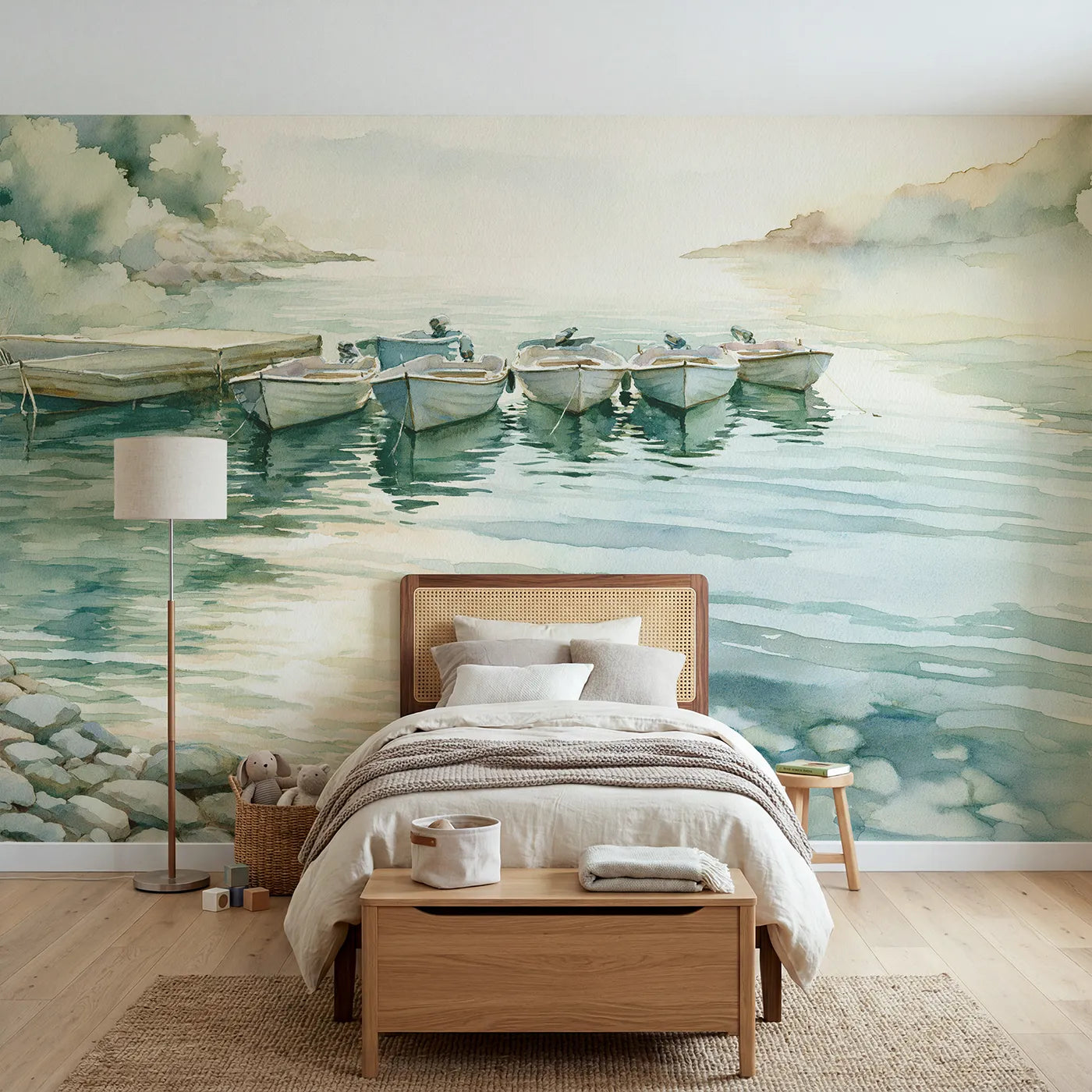 Watercolor wall mural of moored harbor boats by Whimsy Tots