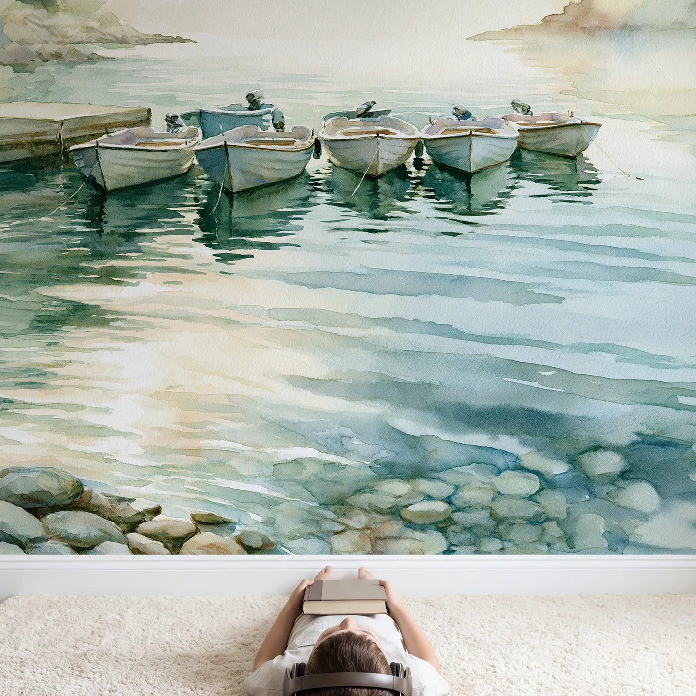 Child in nursery with Harbor Boats Study Wallpaper Mural by Whimsy Tots