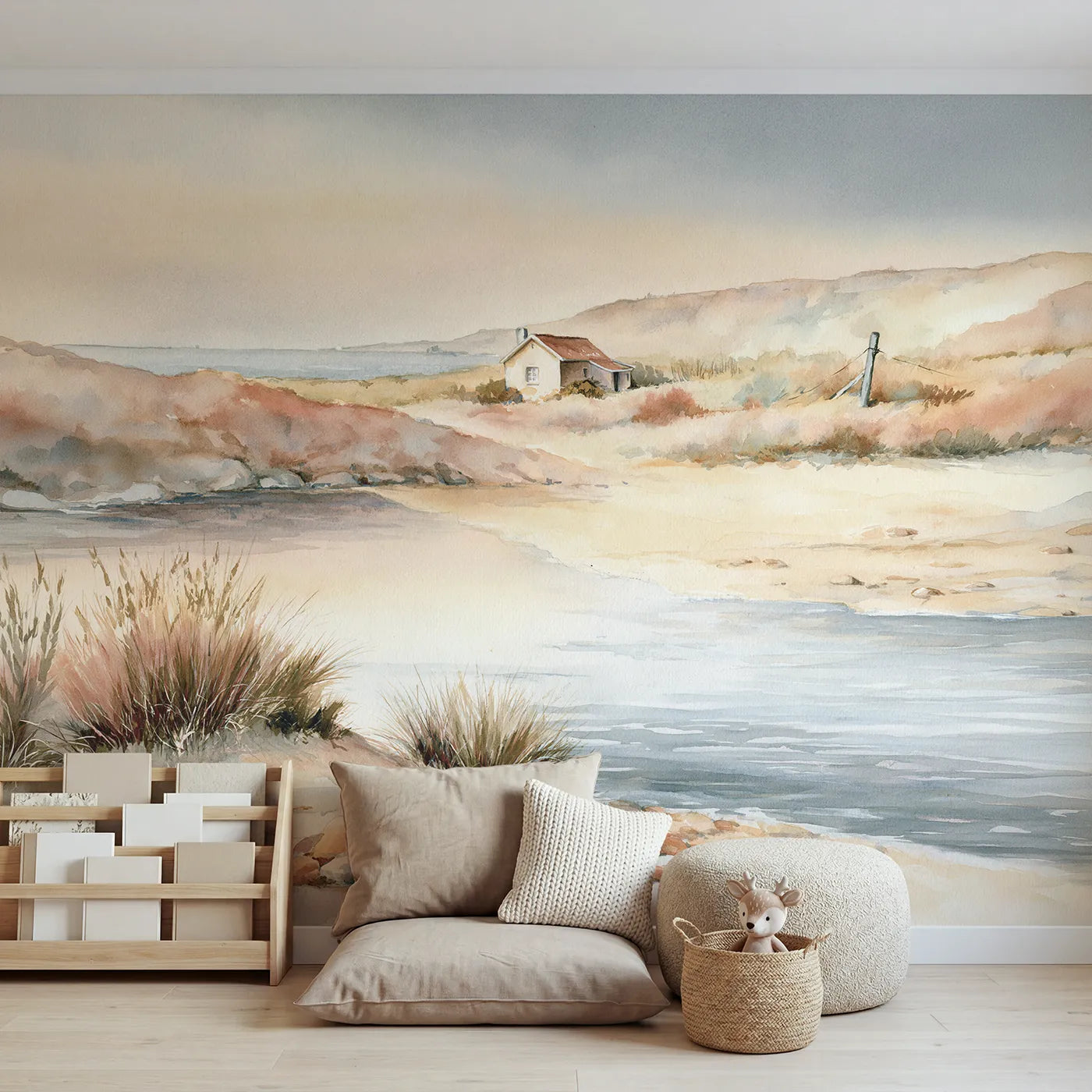 Watercolor wall mural of a little coastal cottage by Whimsy Tots