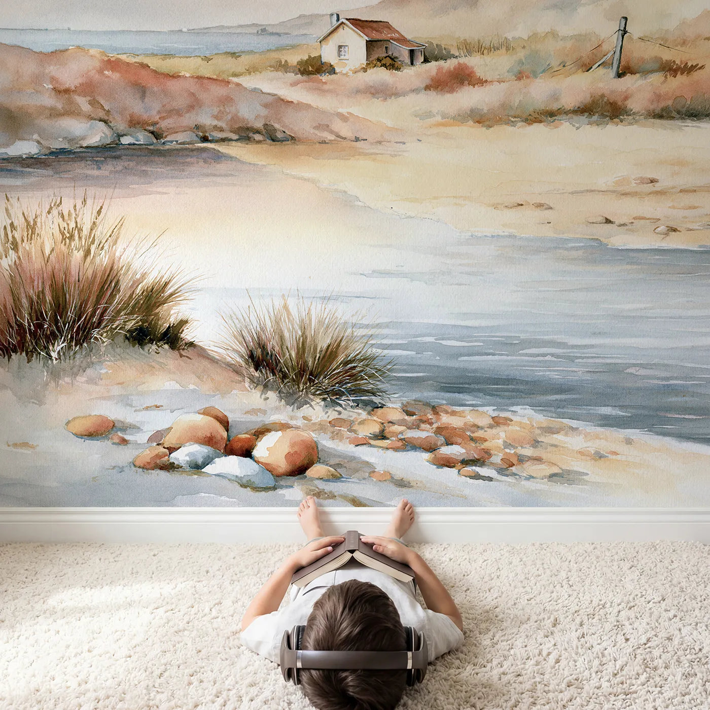 Child in nursery with Coastal Cottage Study Wallpaper Mural by Whimsy Tots