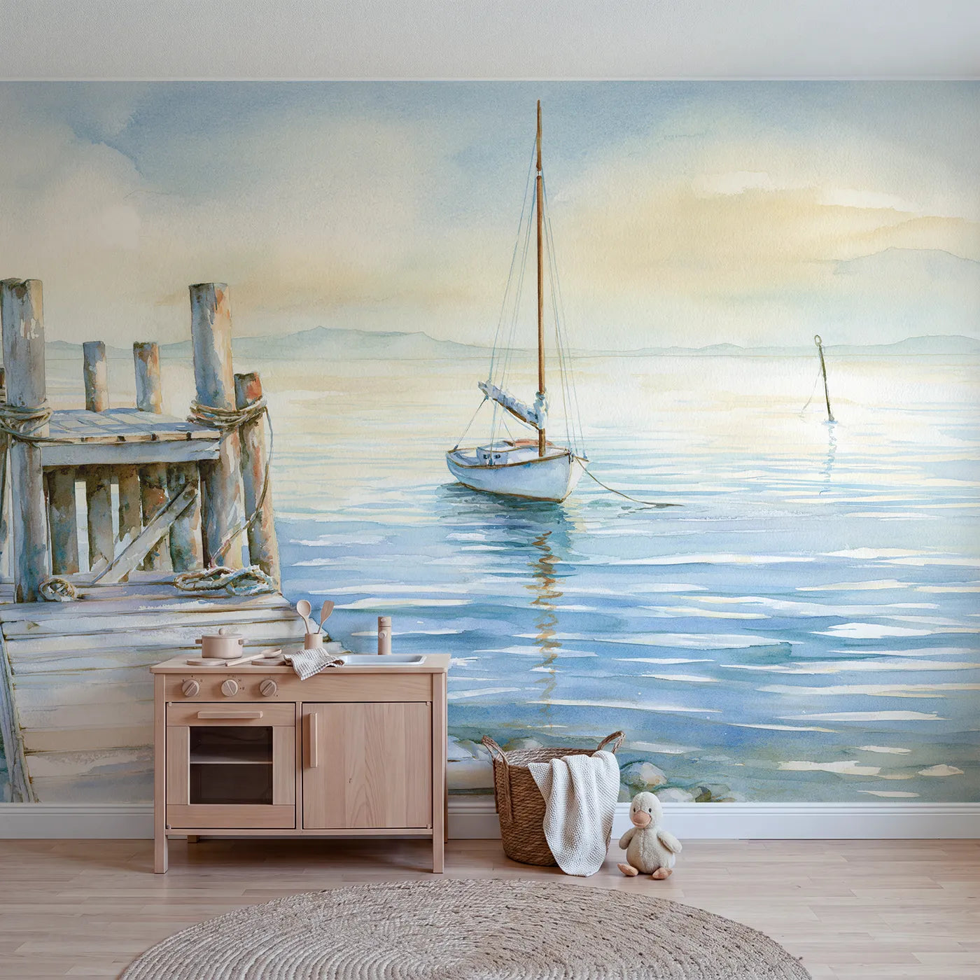 Watercolor wall mural of a sailboat at a dock by Whimsy Tots