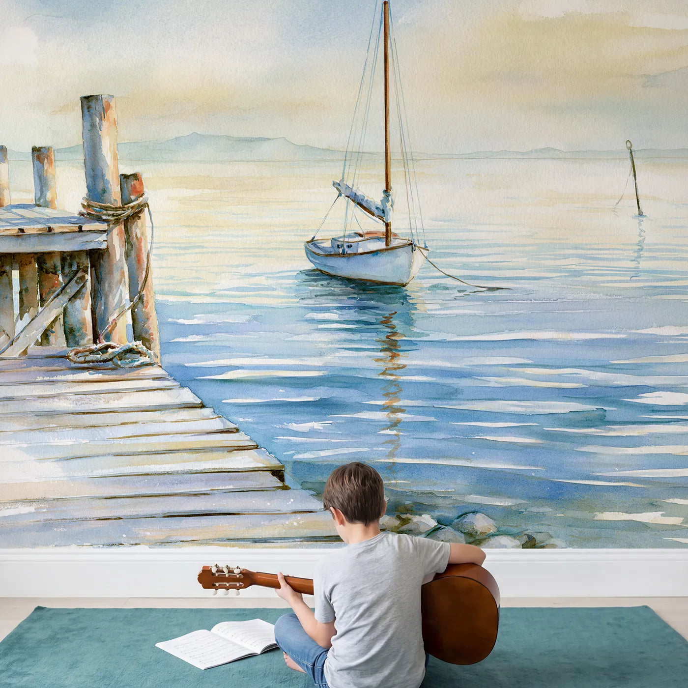 Child in nursery with Sailboat Dock Study Wallpaper Mural by Whimsy Tots