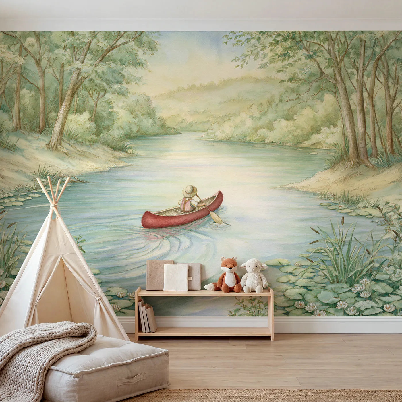 Watercolor wall mural of a little ready kayak by Whimsy Tots