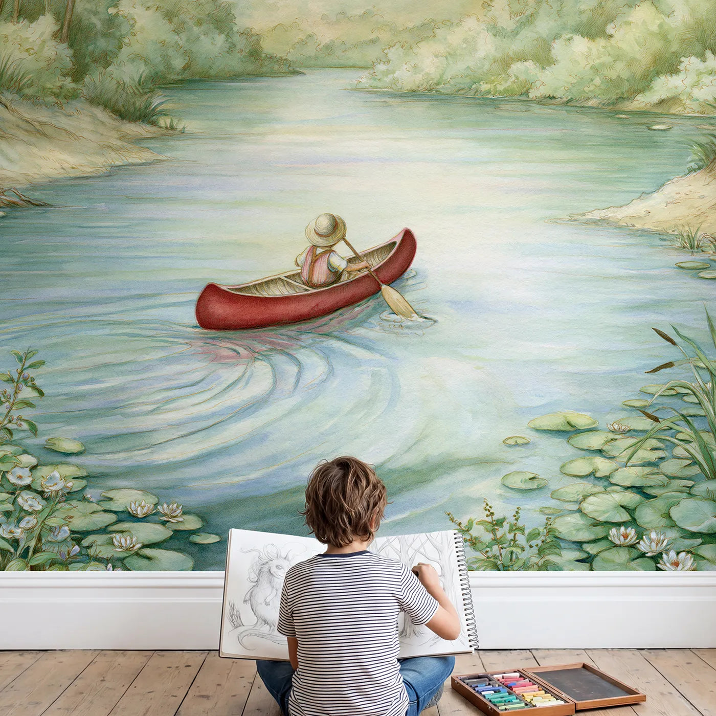 Child in nursery with Little Kayak Wallpaper Mural by Whimsy Tots