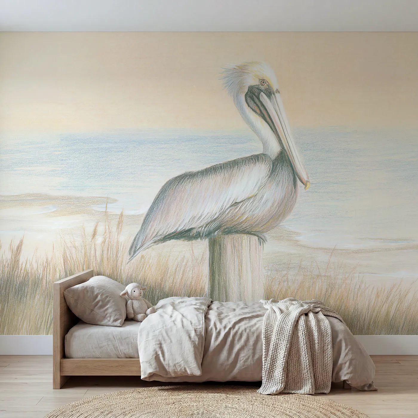 Watercolor wall mural of a gentle pelican by Whimsy Tots